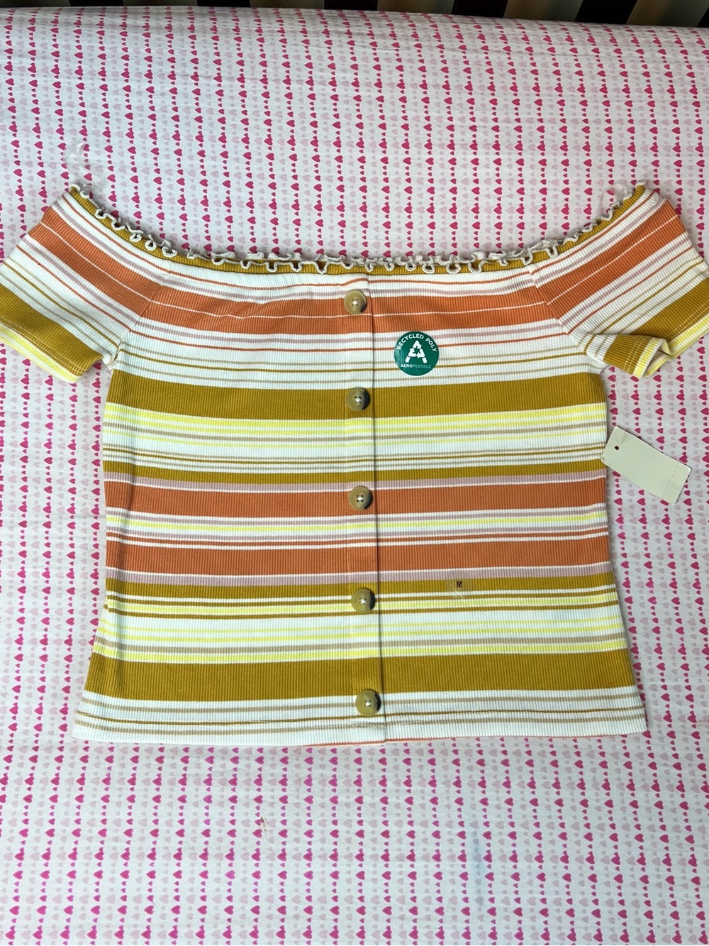 Aeropostale Striped Off-Shoulder Button-Front Top in Mustard, Rust, Cream